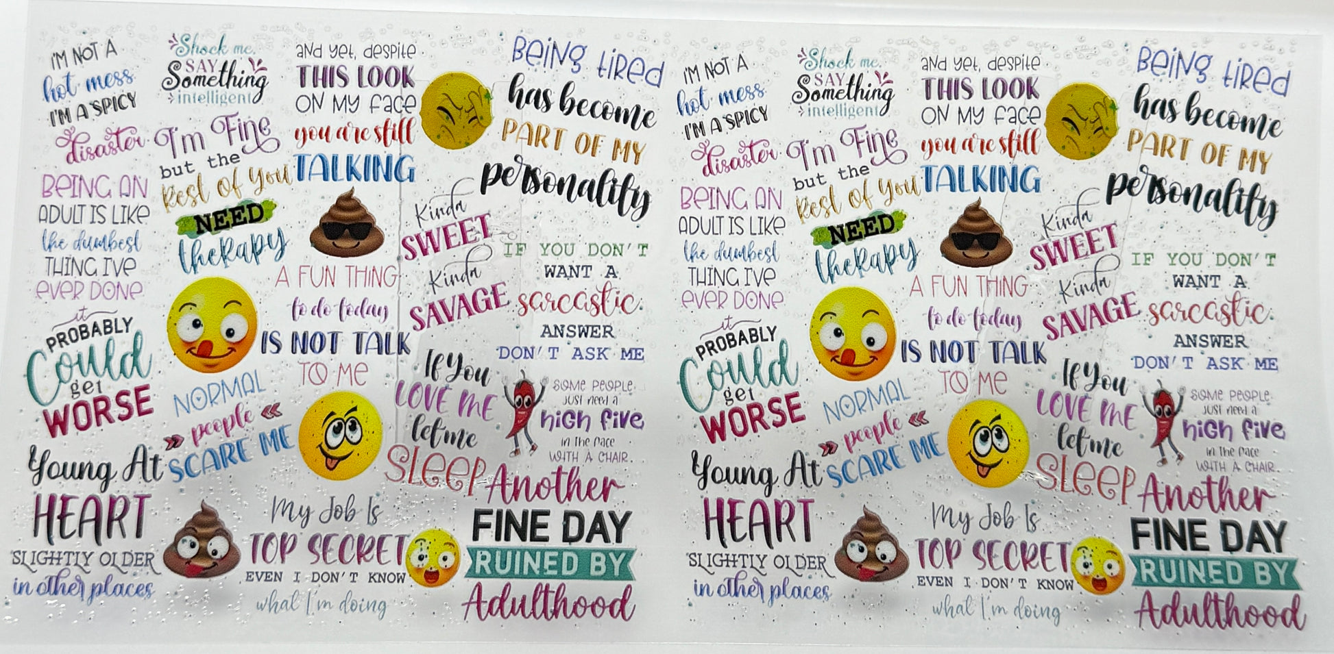 Sheet of printed phrases and emojis 