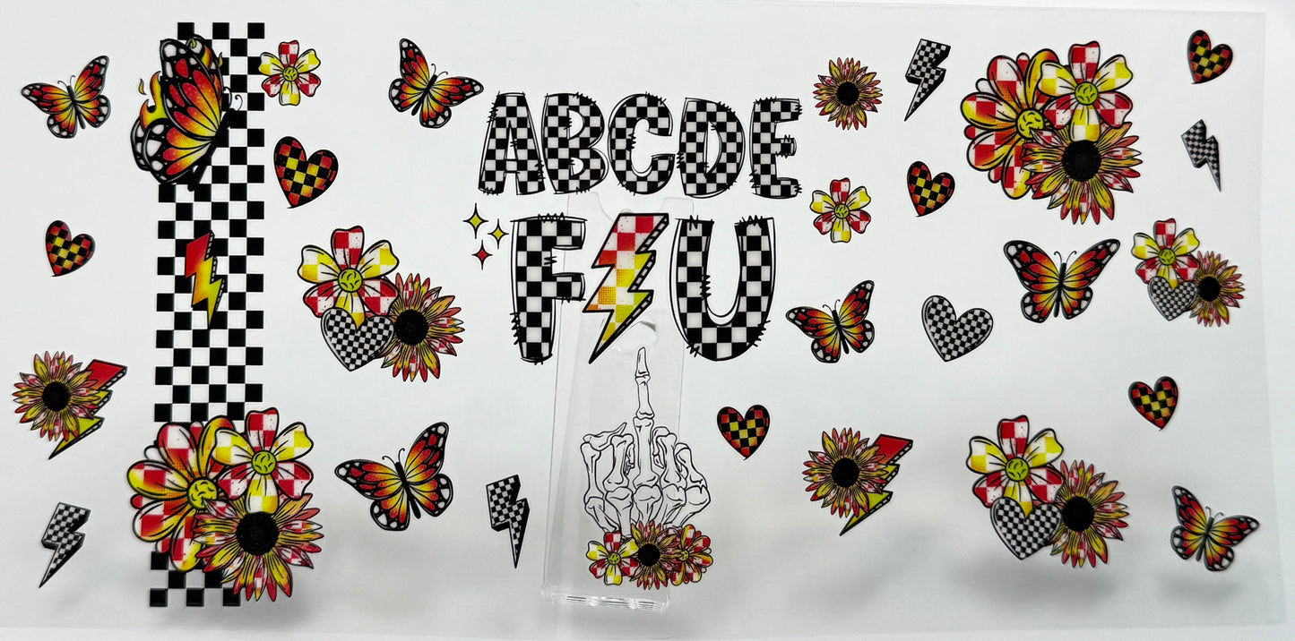 Decorative design with letters, flowers, and butterflies 