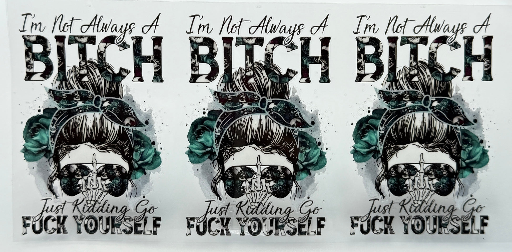 Three identical graphic designs with text and a stylized face