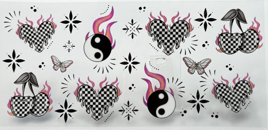 Decorative design with checkered hearts, yin yang symbols, and butterflies 