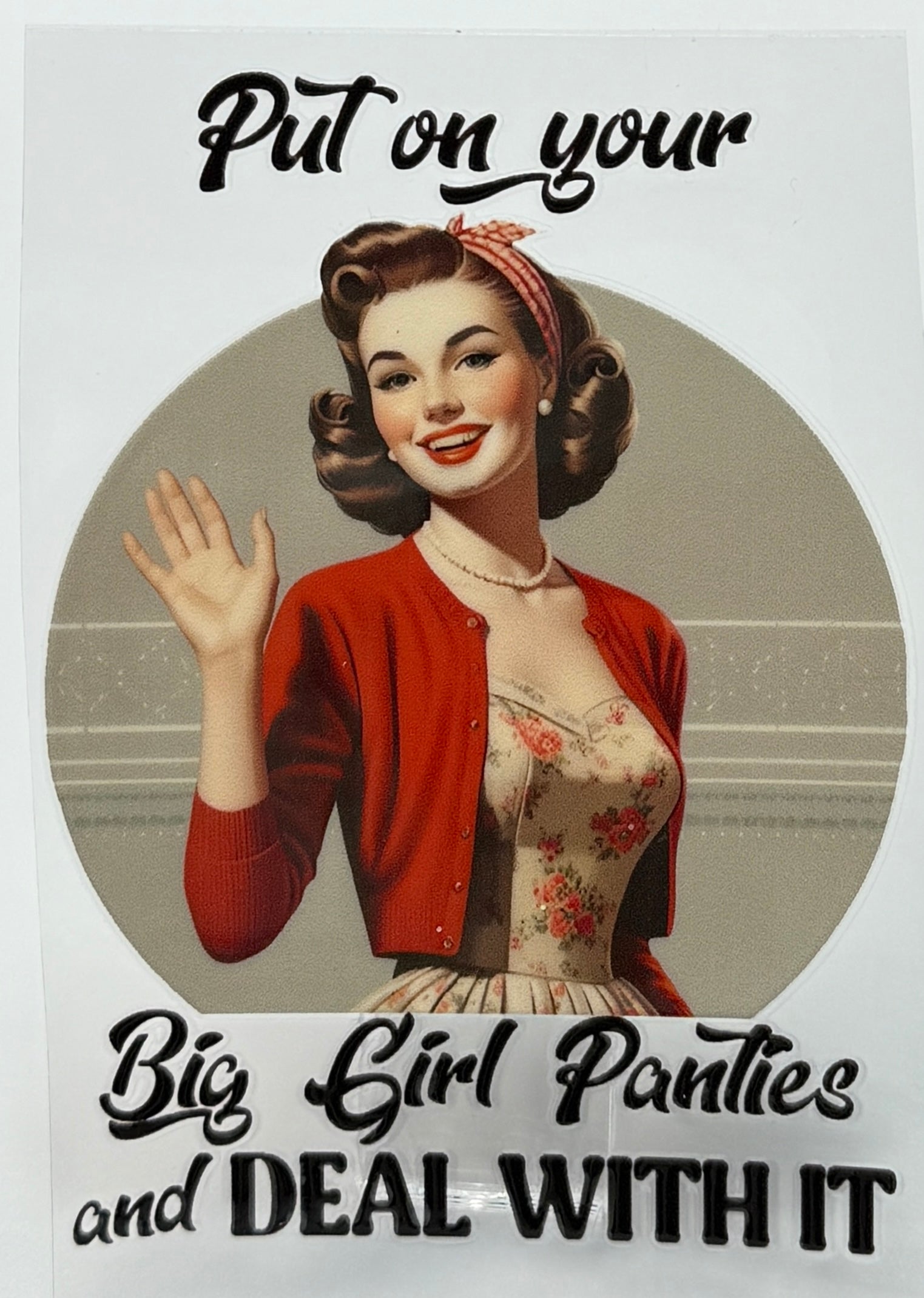 Vintage-style poster with a woman and text about 'Big Girl Panties'.