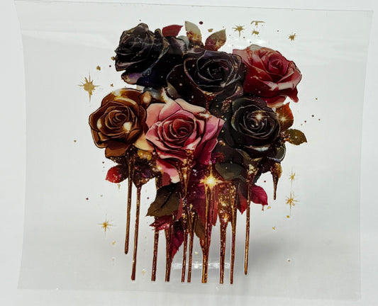 Artistic depiction of roses with gold accents 