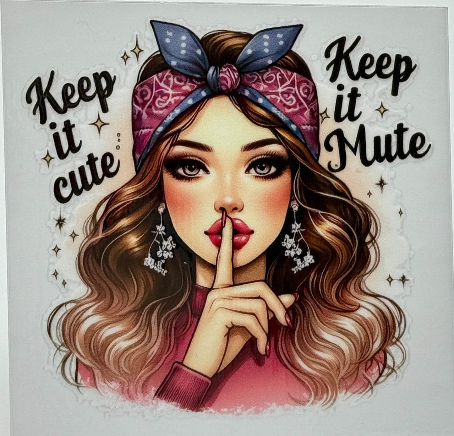 Illustration of a woman with a headband and text 'Keep it cute' and 'Keep it Mute' 