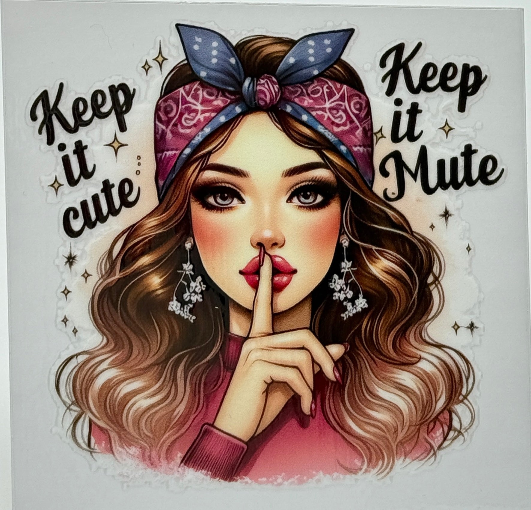 Illustration of a woman with a headband and text 'Keep it cute' and 'Keep it Mute' 