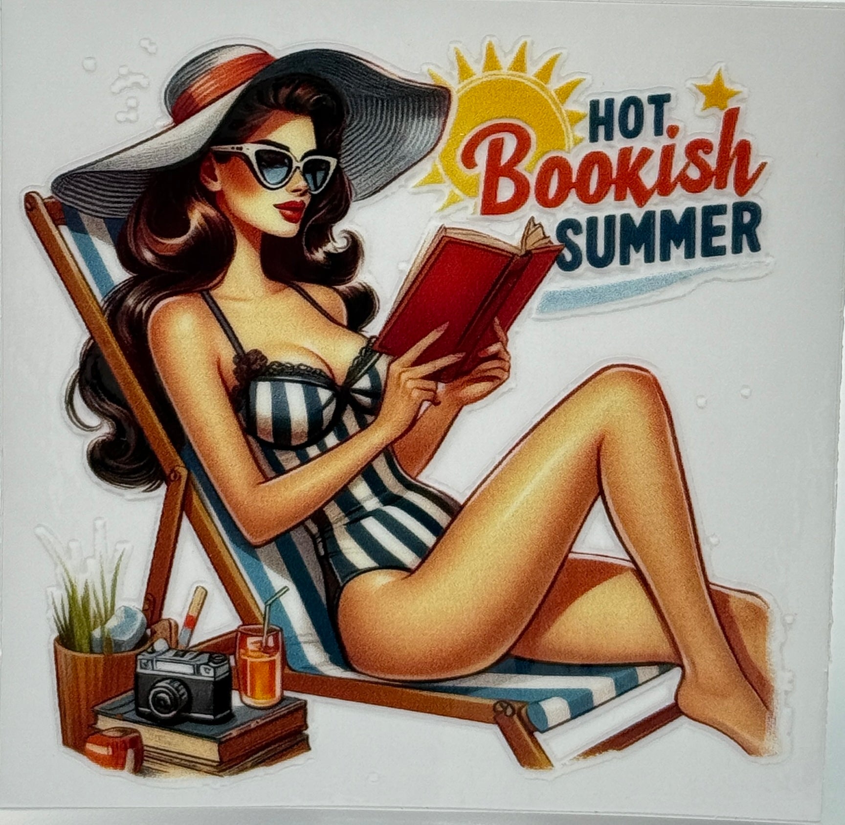 Illustration of a woman in a swimsuit reading a book on a deck chair with 'Hot Bookish Summer' text.