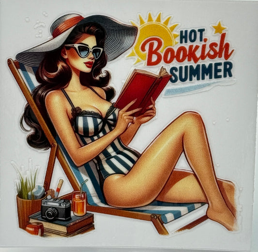 Illustration of a woman in a swimsuit reading a book on a deck chair with 'Hot Bookish Summer' text.