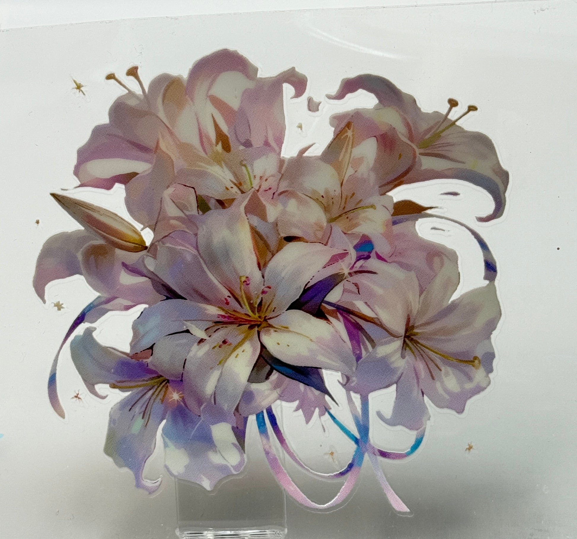 Bouquet of pink and white flowers with ribbons 