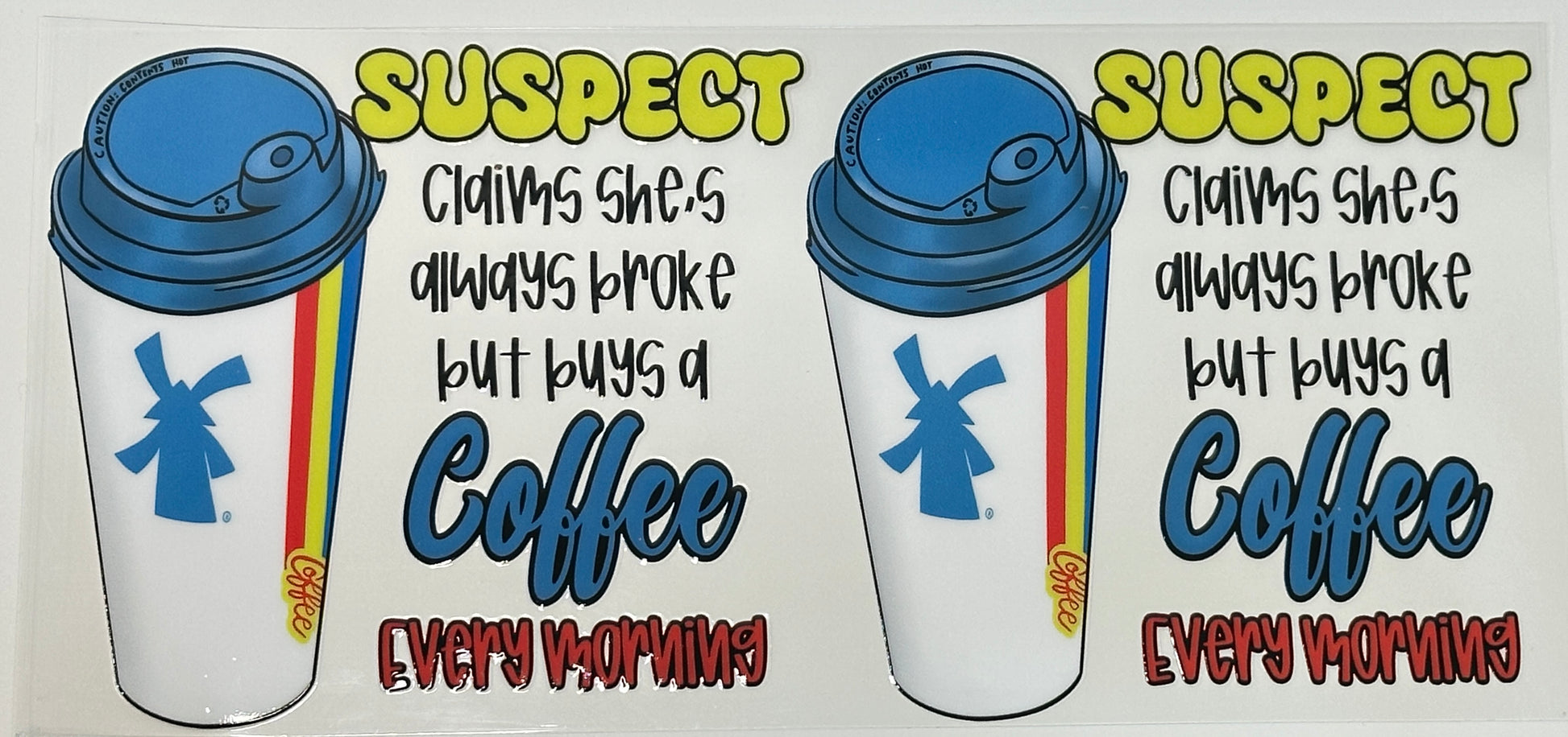 Two coffee cups with text and a windmill logo 