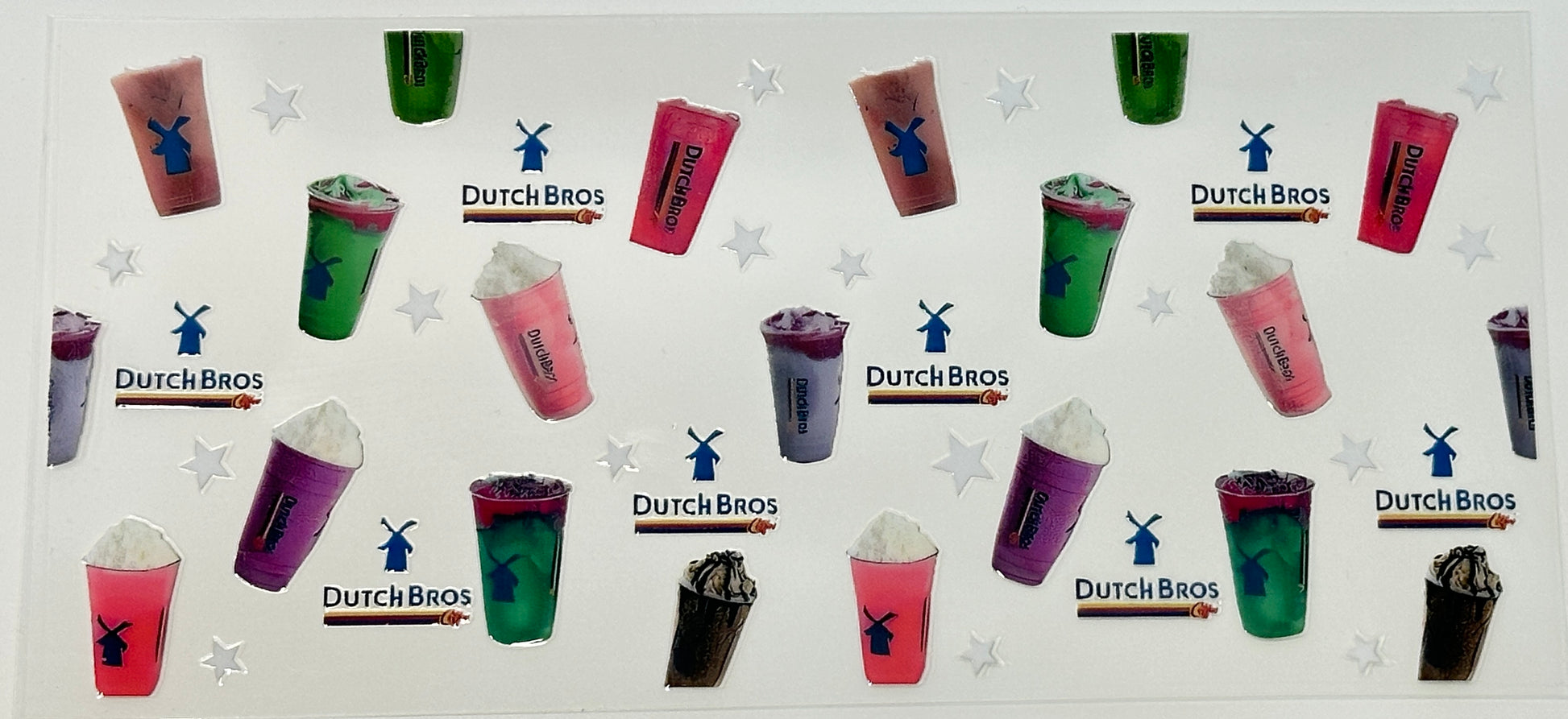 Promotional poster for Dutch Bros drinks with various drink containers.