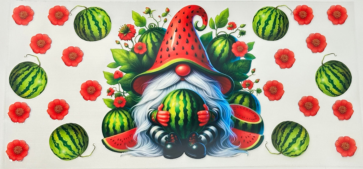 Decorative paper with a gnome holding watermelons, surrounded by watermelons and flowers 