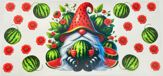 Decorative paper with a gnome holding watermelons, surrounded by watermelons and flowers 