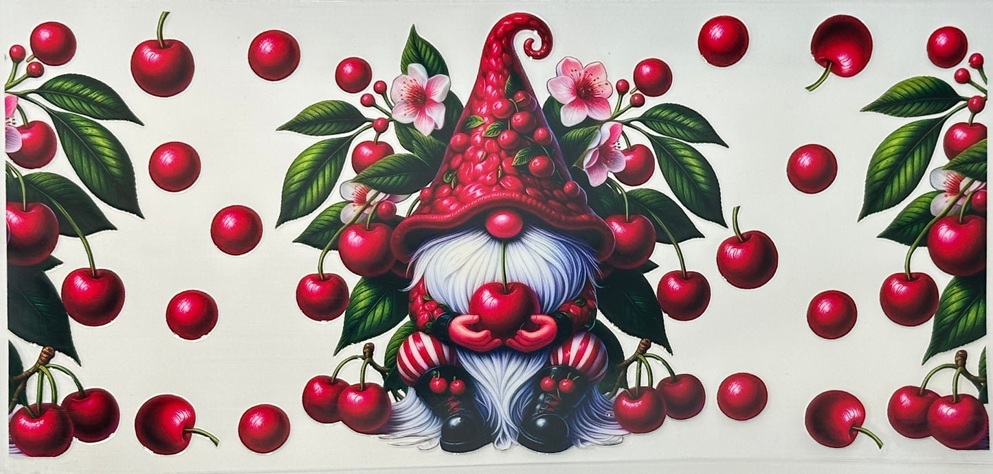 Gnome surrounded by cherries and flowers 