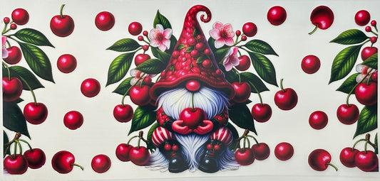 Gnome surrounded by cherries and flowers 