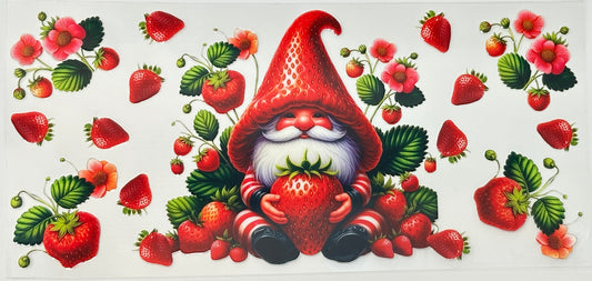 Gnome holding a strawberry surrounded by strawberries and flowers 