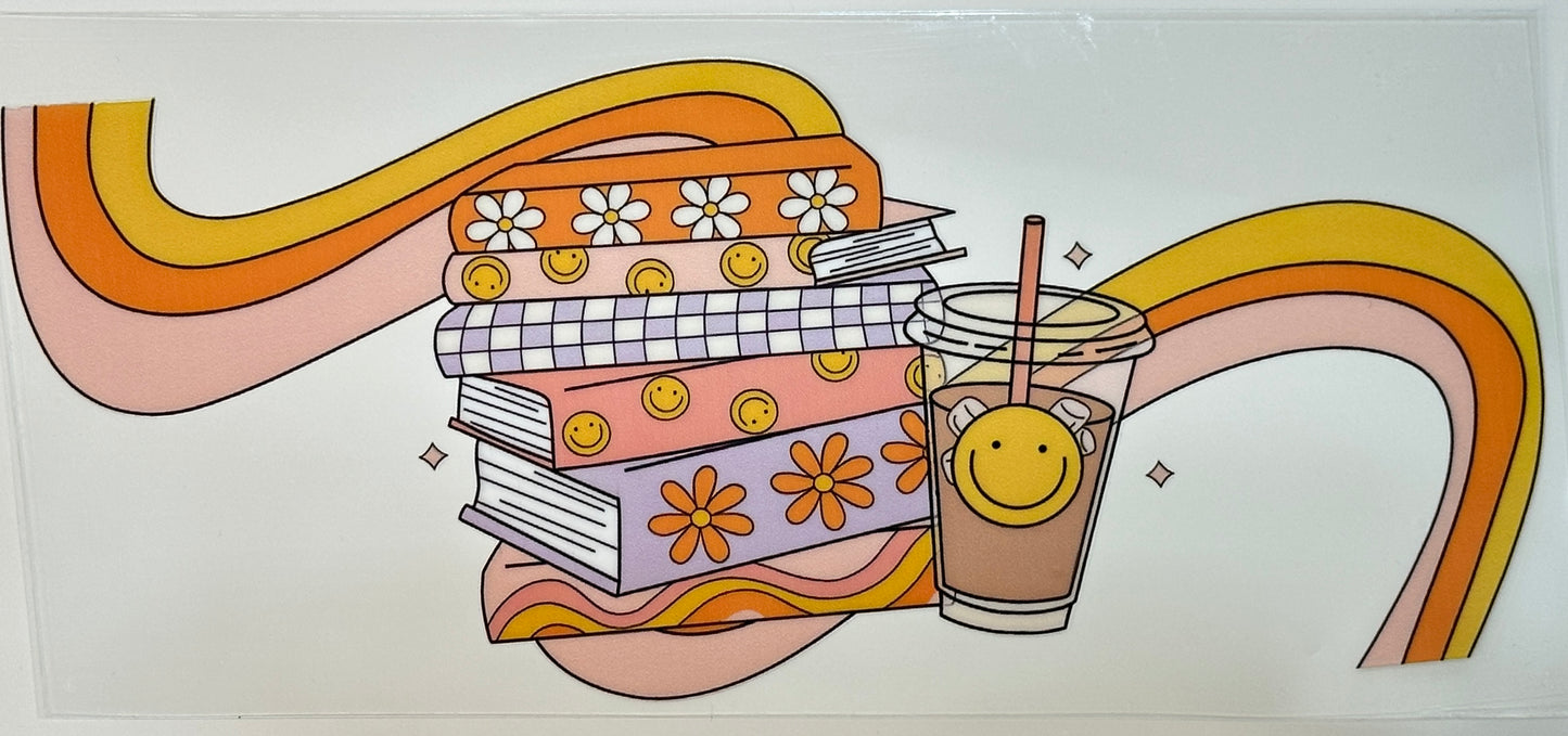 Cartoon illustration of books and a drink with a smiley face on a colorful background