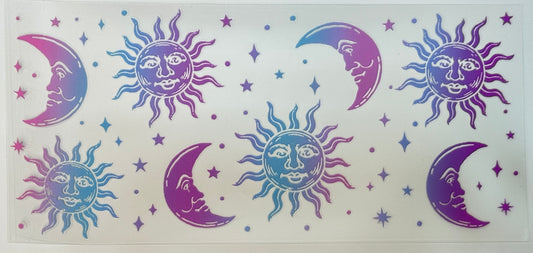 Decorative design of suns and moons with faces 