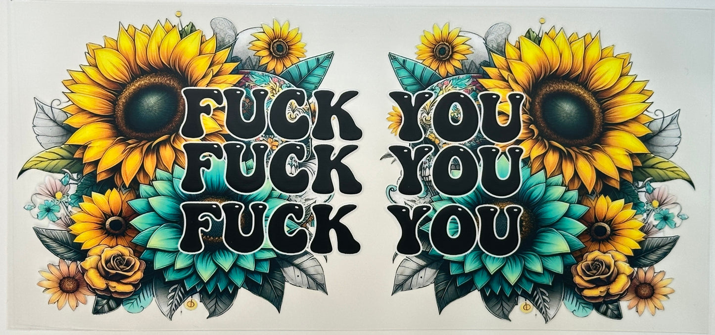 Two sunflower designs with text surrounded by flowers 