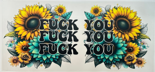 Two sunflower designs with text surrounded by flowers 