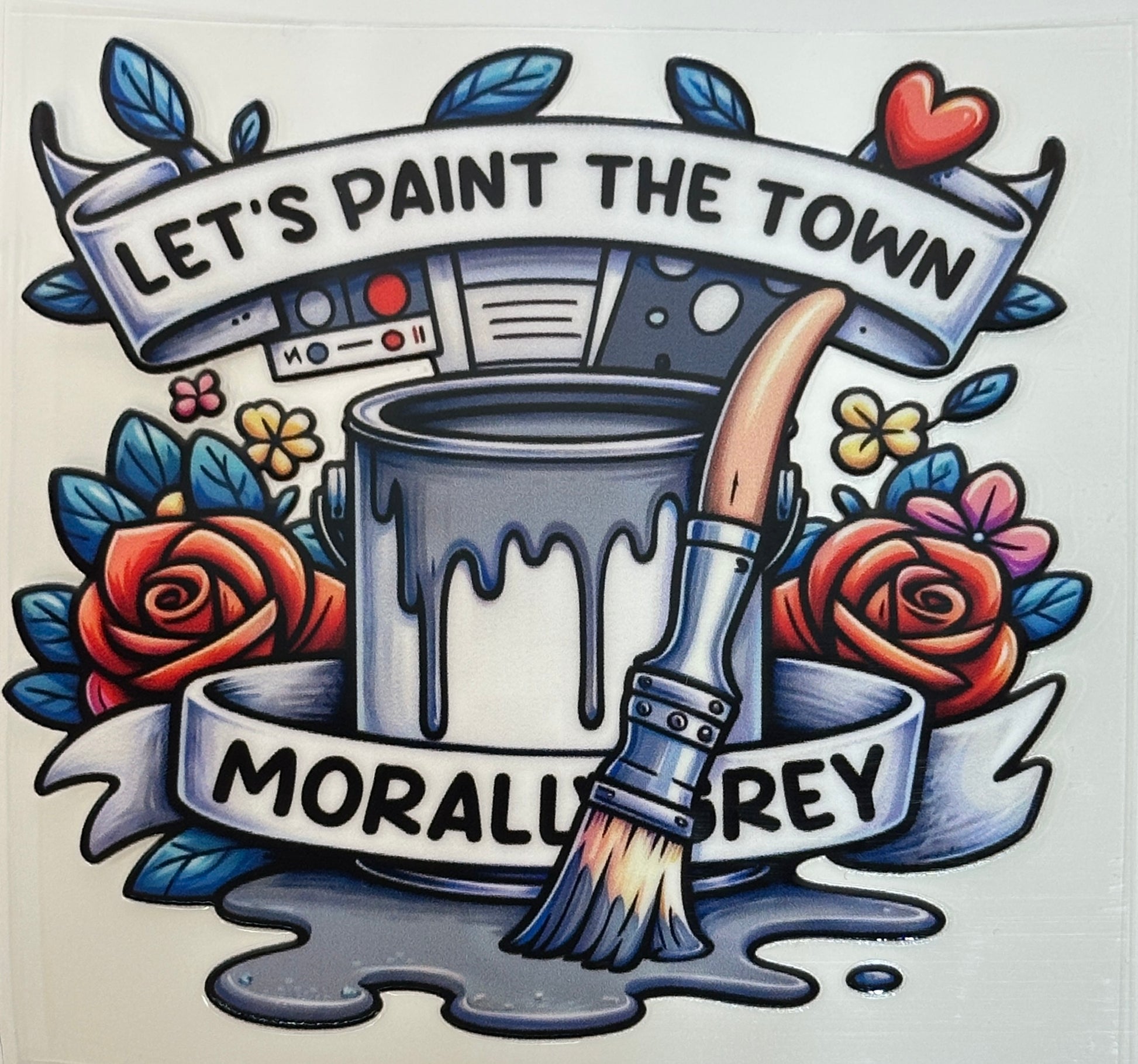 Illustration with a paint can, brush, and text 'Let's Paint the Town Grey' surrounded by flowers and leaves.