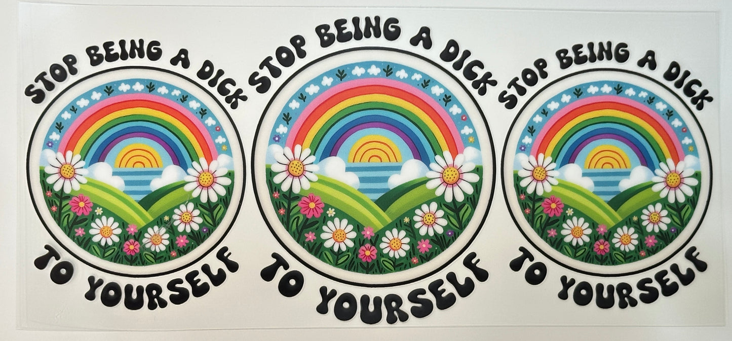 Three circular designs with rainbows, flowers, and mountains, accompanied by motivational text, on a white background.