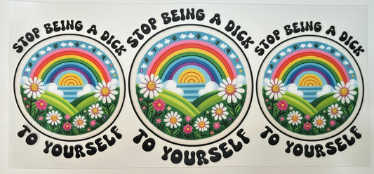Three circular designs with rainbows, flowers, and mountains, accompanied by motivational text, on a white background.