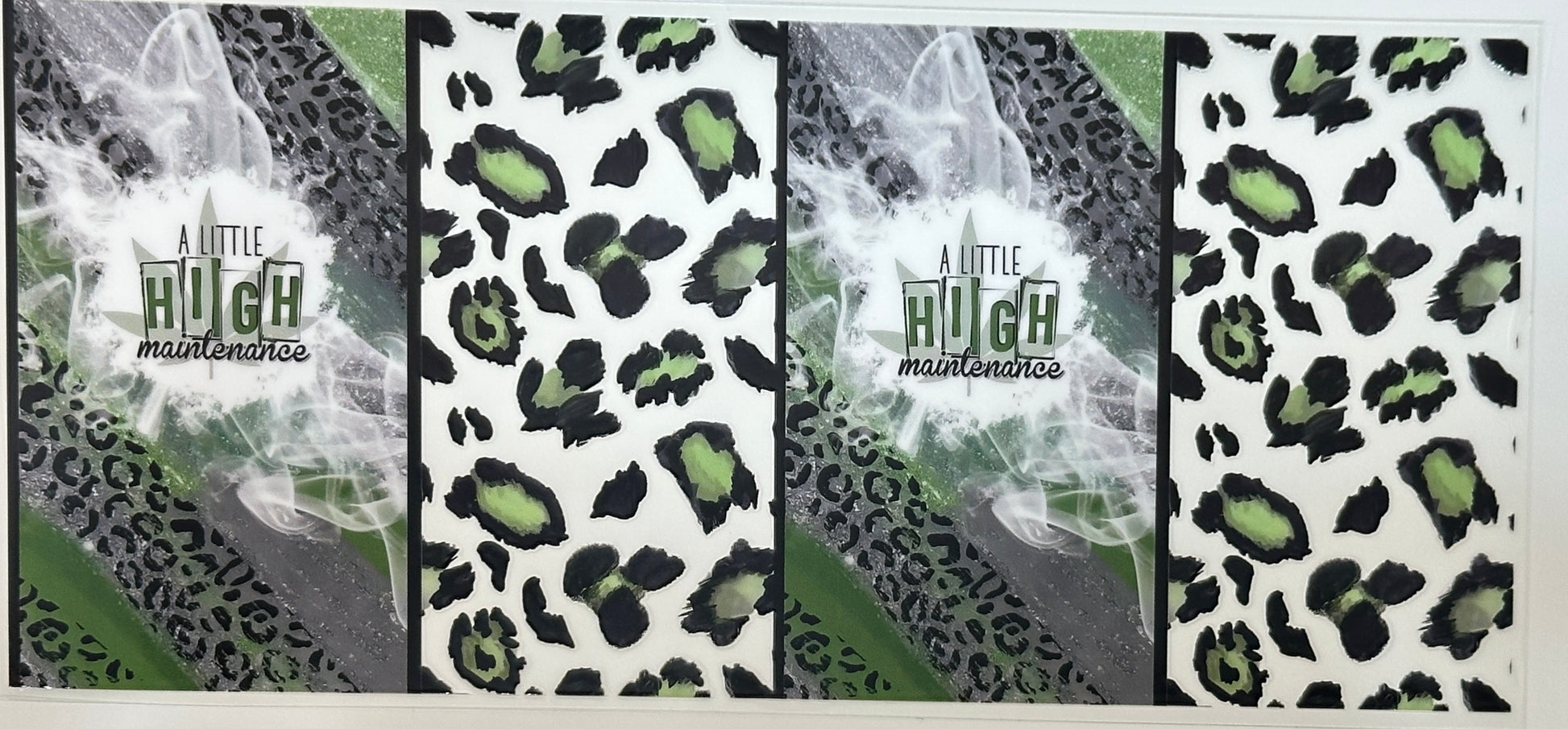 Four leopard print products with 'A Little Hugh Maintenance' 