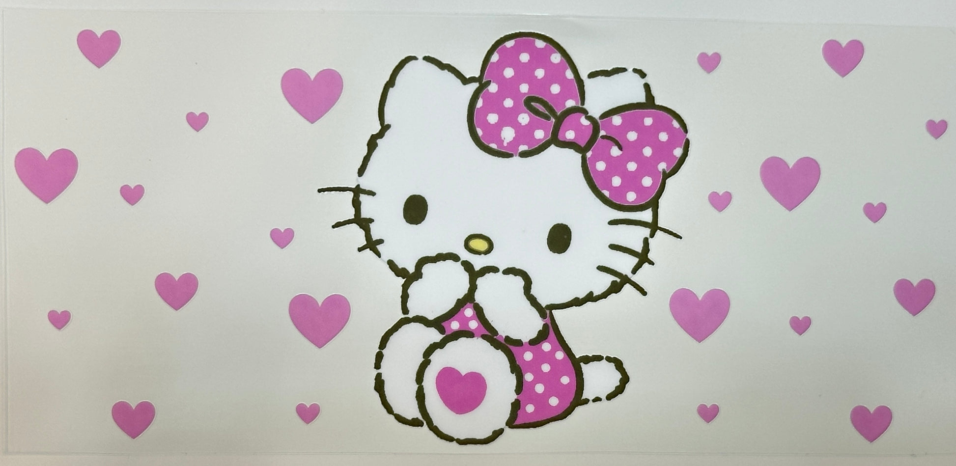 Cartoon character with a pink bow surrounded by purple hearts 