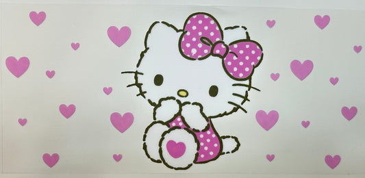 Cartoon character with a pink bow surrounded by purple hearts 