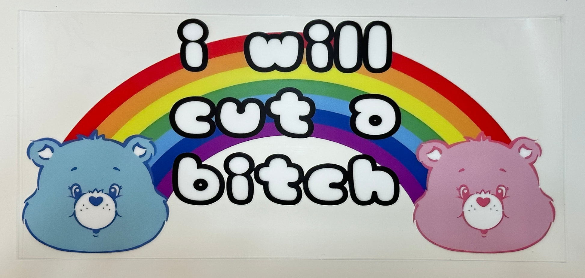 Two cartoon bears with a rainbow and text on 