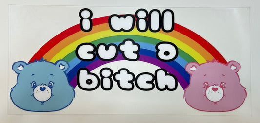 Two cartoon bears with a rainbow and text on 