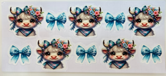 Set of cute cow illustrations with floral crowns and blue bows 