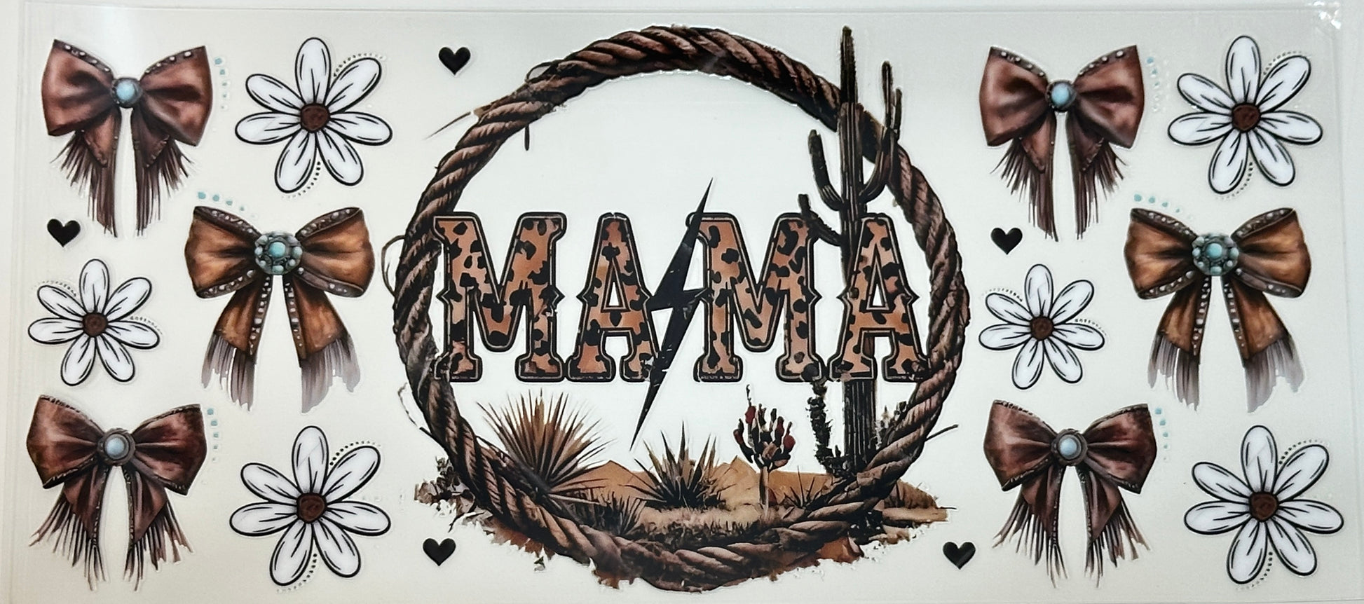 Decorative sign with 'MAMA' text surrounded by bows, flowers, and cacti 