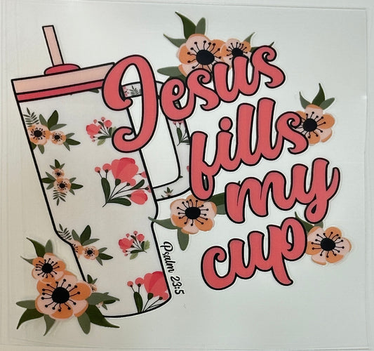 Decorative design with floral elements and text 'Jesus fills my cup' 