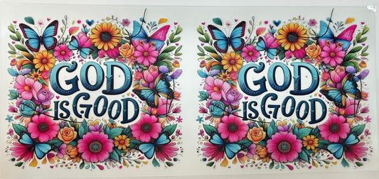 Two identical panels with 'God is Good' text surrounded by colorful flowers and butterflies 