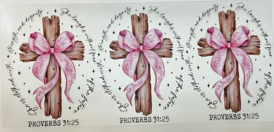 Three wooden crosses with pink ribbons and text 