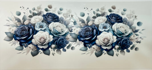 Decorative arrangement of blue and white flowers 