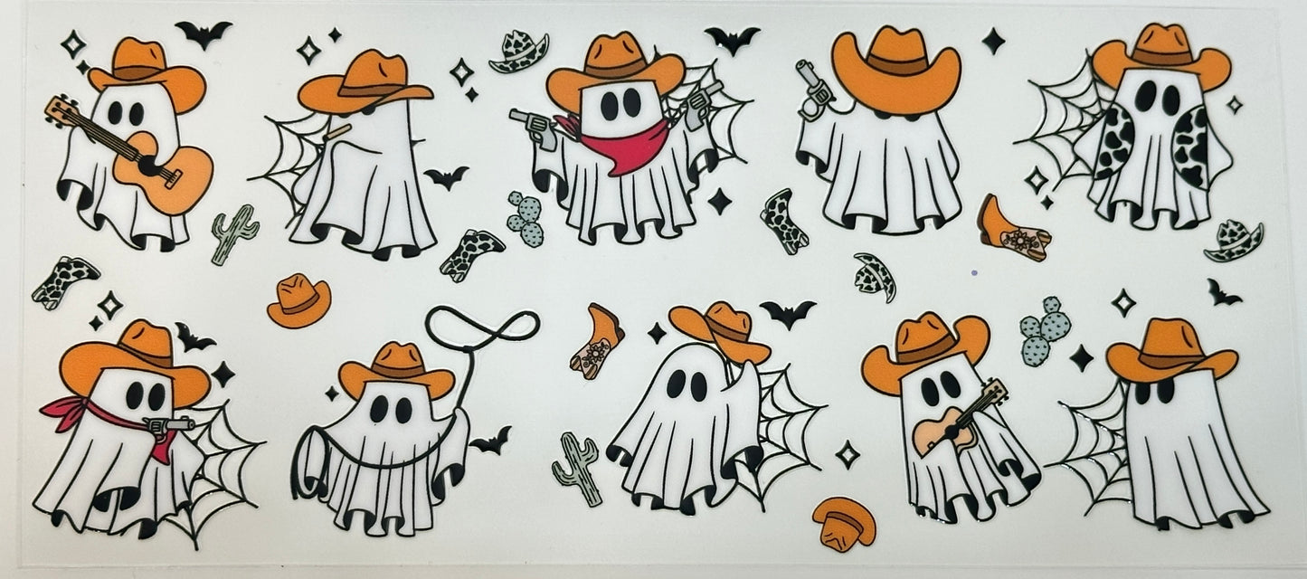 Cartoon ghosts wearing cowboy hats and boots with musical instruments 