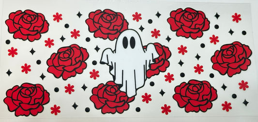 White ghost surrounded by red roses 