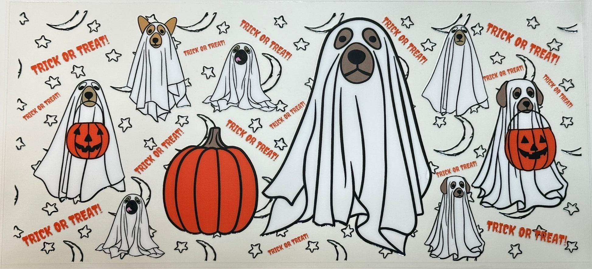 Halloween-themed design with dogs in ghost costumes and pumpkins.