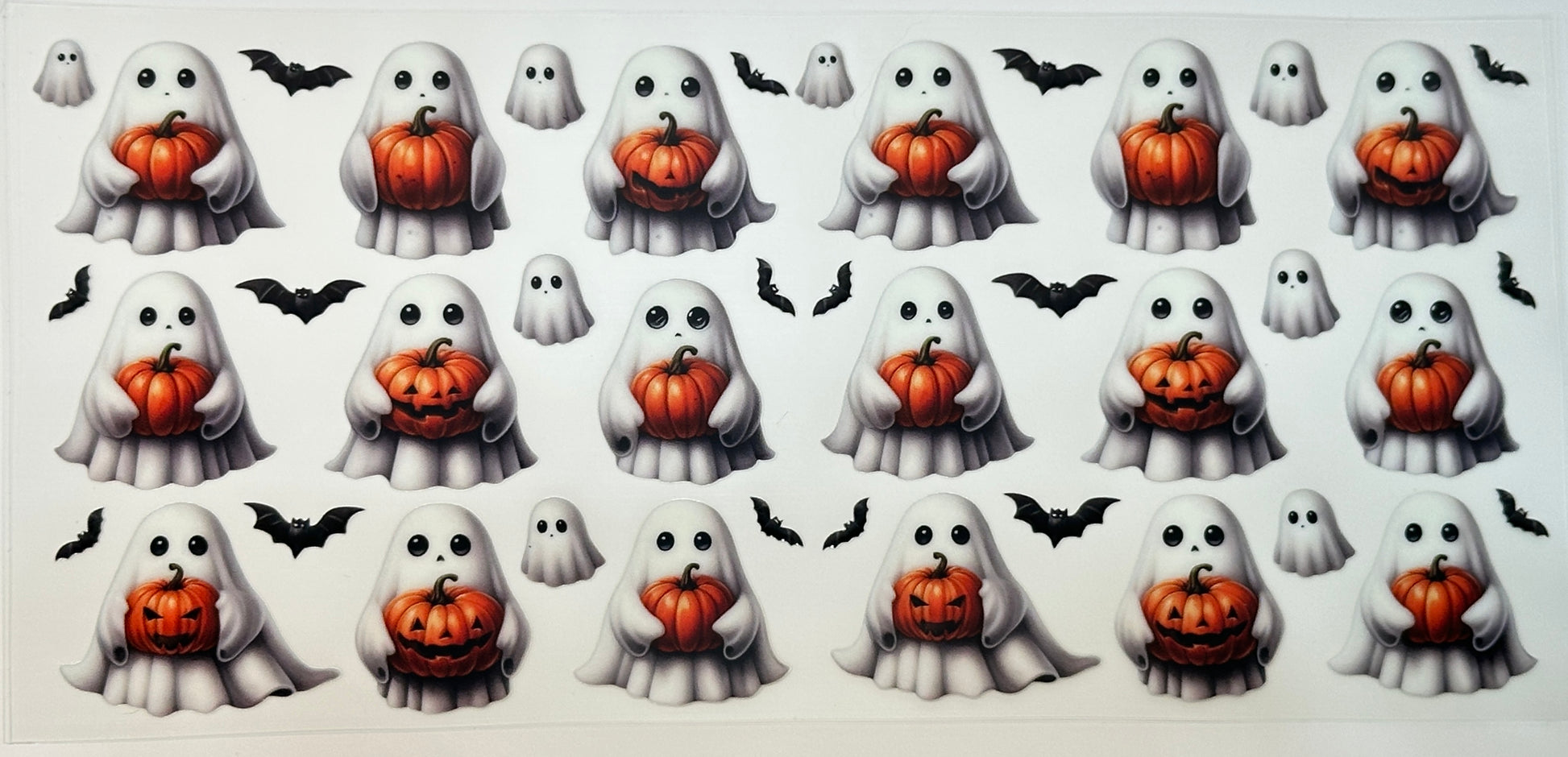 Halloween-themed stickers with ghosts holding pumpkins and bats 