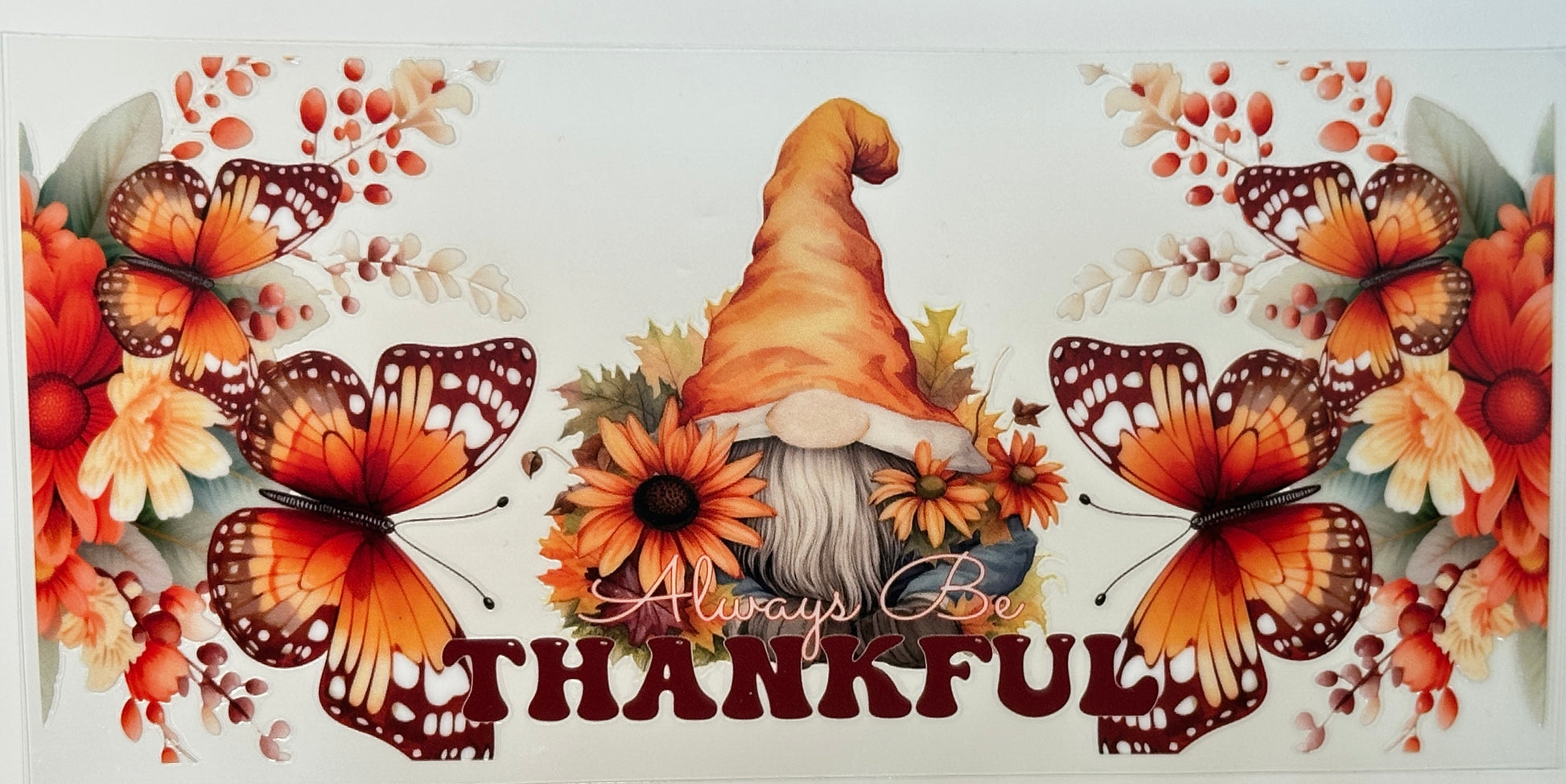Decorative banner with butterflies, flowers, and a gnome with 'Always Be Thankful' text.