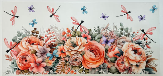 Decorative design with flowers and dragonflies 