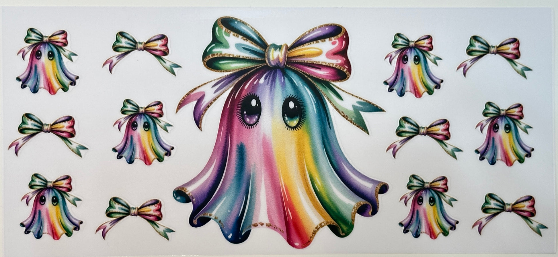 Colorful ghost with rainbow bow and small ghost figures with bows 