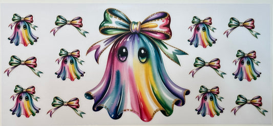 Colorful ghost with rainbow bow and small ghost figures with bows 