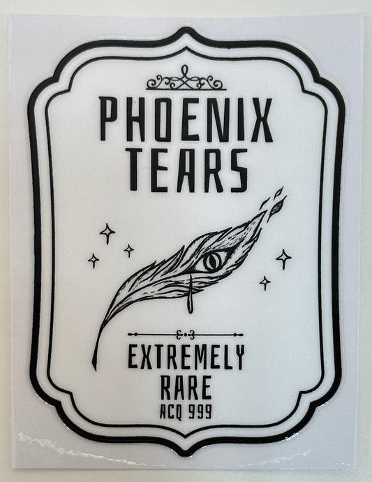 Sticker with 'Phoenix Tears' design featuring a feather and text 