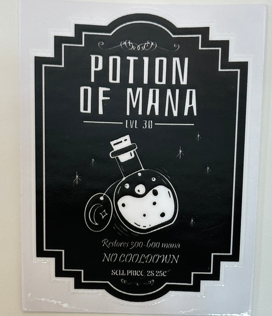 Potion of Mana label with a black background and white text
