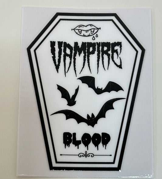 Sticker with 'Vampire Blood' text and bats 
