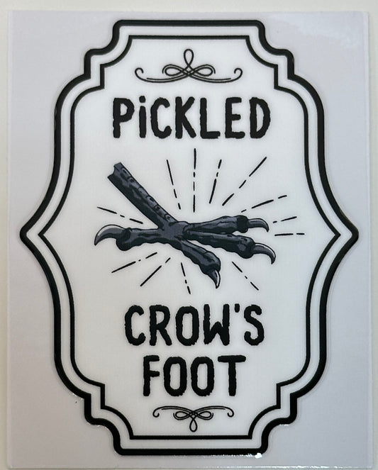 Decorative label with 'Pickled Crow's Foot' text and crossed bones design 