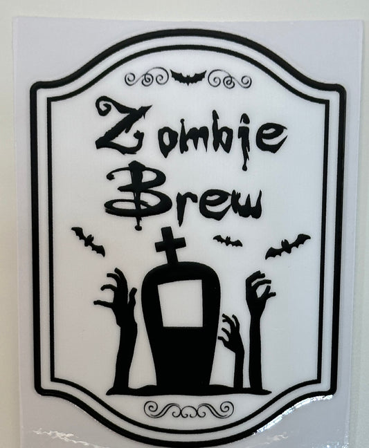 Decorative sign with 'Zombie Brew' text, black hands, and a bottle,