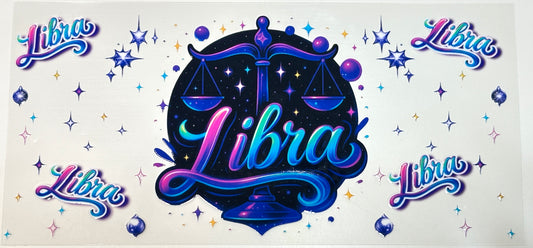 Libra zodiac sign design with colorful text and symbols 